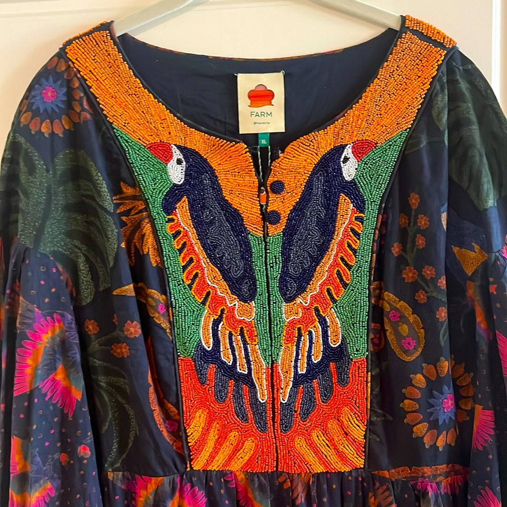 Farm Rio Mixed Rainbow Birds Embroidered Maxi Dress. Size XL NWT